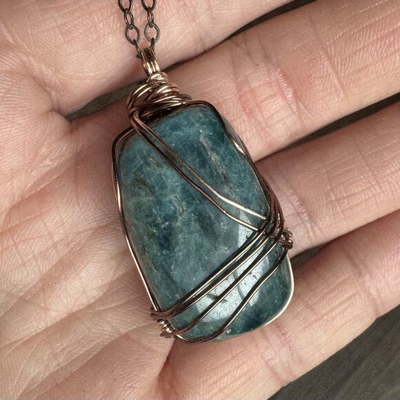 Blue Apatite Wire Wrapped Necklace Tumbled Gemstone Pendant Antiqued Brass - Picture 2 of 12